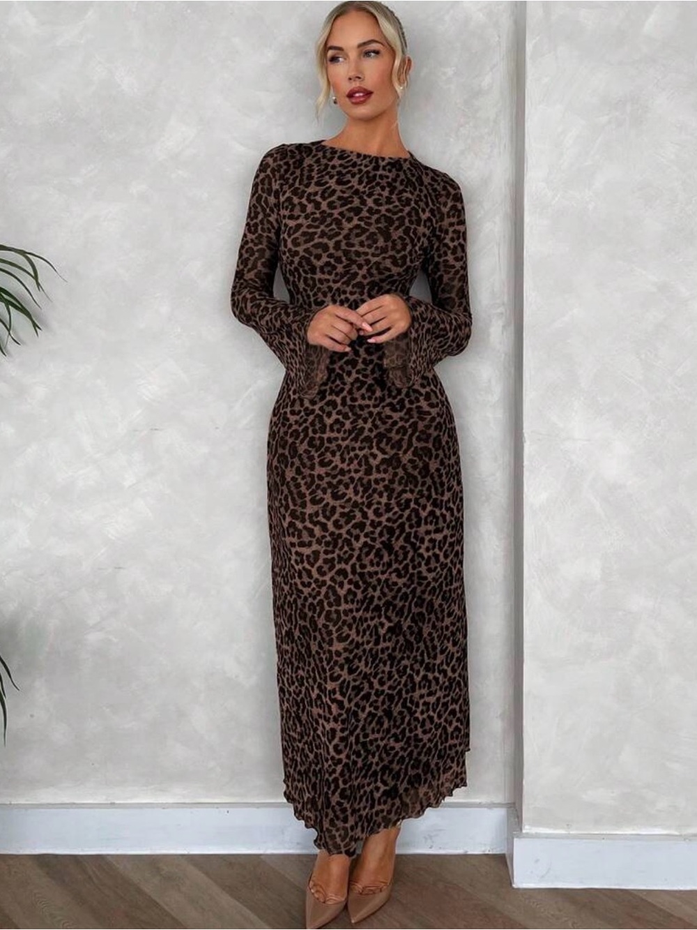Brown Leopard Print Mesh Long Sleeve Ruffle Midi Dress